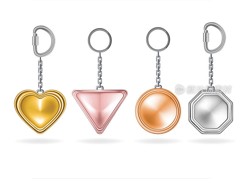 Realistic Detailed 3d Shiny Metal Keychains Set. Vector